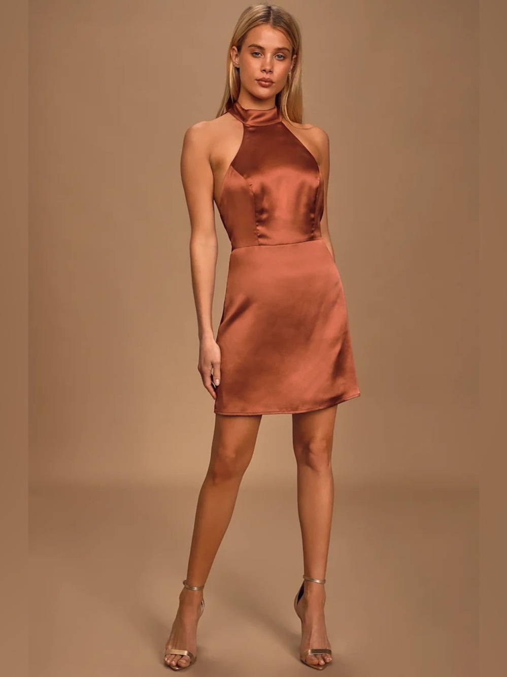 Lulu’s Celebrate Me Rust Brown Satin Halter Mini Dress XS